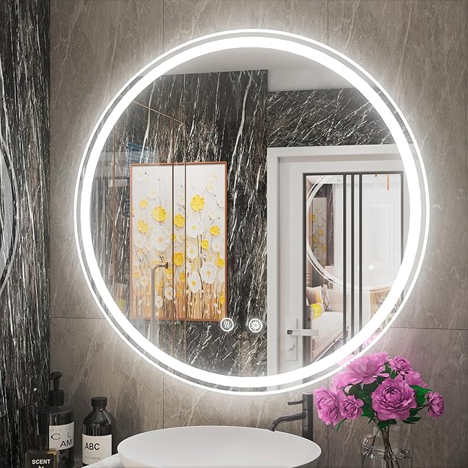 36 Inch Round LED Mirror for Bathroom, Front & Backlit Round Lighted Vanity Mirror for Wall, Adjustable Brightness, 6000K, Anti Fog, Touch, Memory
