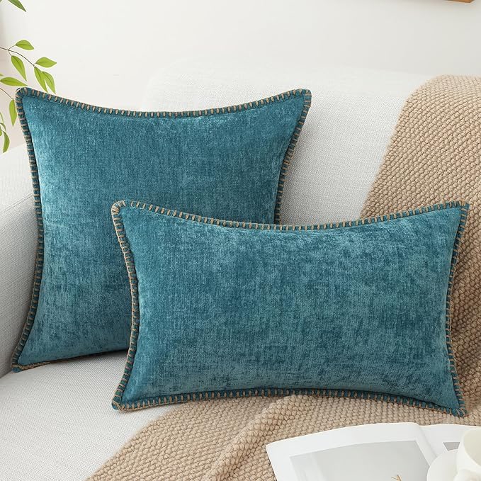 decorUhome Chenille Soft Throw Pillow Covers 22x22 Set of 2, Farmhouse Velvet Neutral Decorative Euro Pillow Covers with Stitched Edge for Couch Sofa Bed Home Decor, Teal