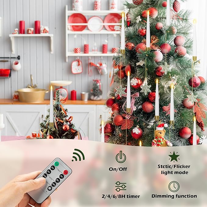 Flameless Taper Candles for Christmas Tree Decorations, Battery Operated Christmas Candles with Remote, 12 Pack Flickering LED Candlesticks with Clear Snowflake Hooks for Xmas Tree Decoration
