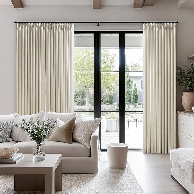 Extra Wide Pinch Pleat Curtains 84 Inches Long for Patio Sliding Glass Door Beige Oatmeal Linen 70 Inch Wide Curtain Memory Trained Pleated Drapes Hooks Rings 70x84 Curtain for Large Window 1 Panel