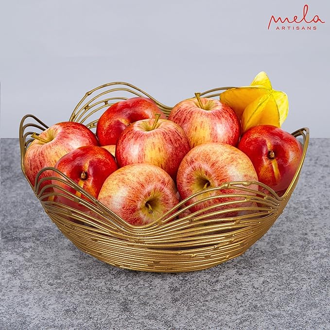 Mela Artisans Decorative Bowl | 12-Inch Gold Metal Wire Fruit Bowl | Perfect for Kitchen Counter | Fruits | Potpourri | Vegetables | Snacks | Candies