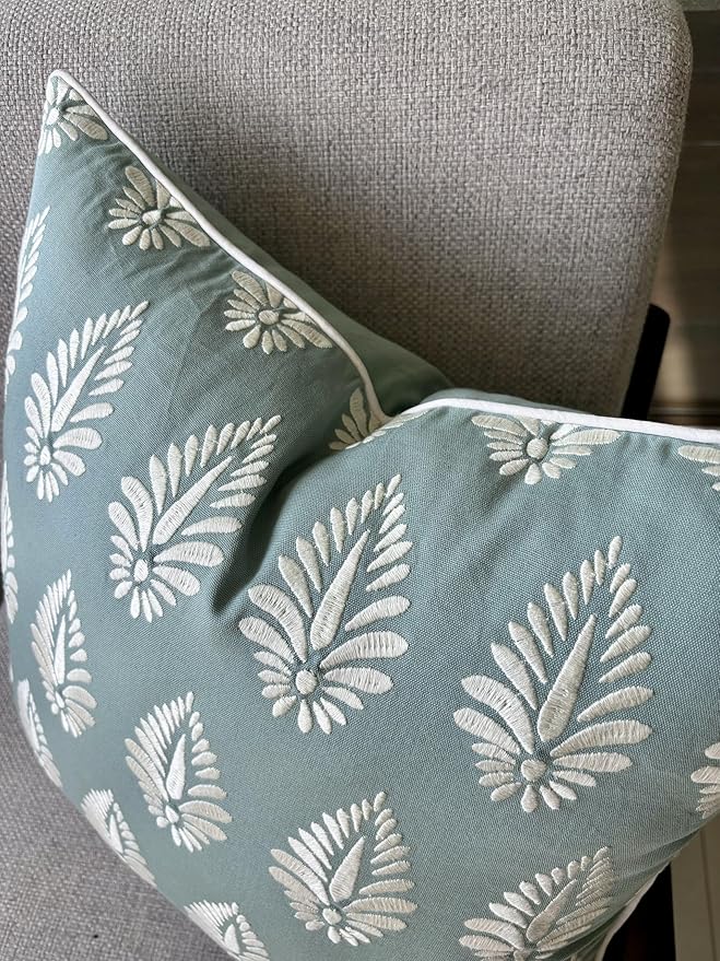 Booti Embroiderd Decorative Square Accent Throw Pillow Cover - Sofa, Chair, Couch, Bedroom, Living Room, Farmhouse Home Decor - 18x18 Inches-Light Teal