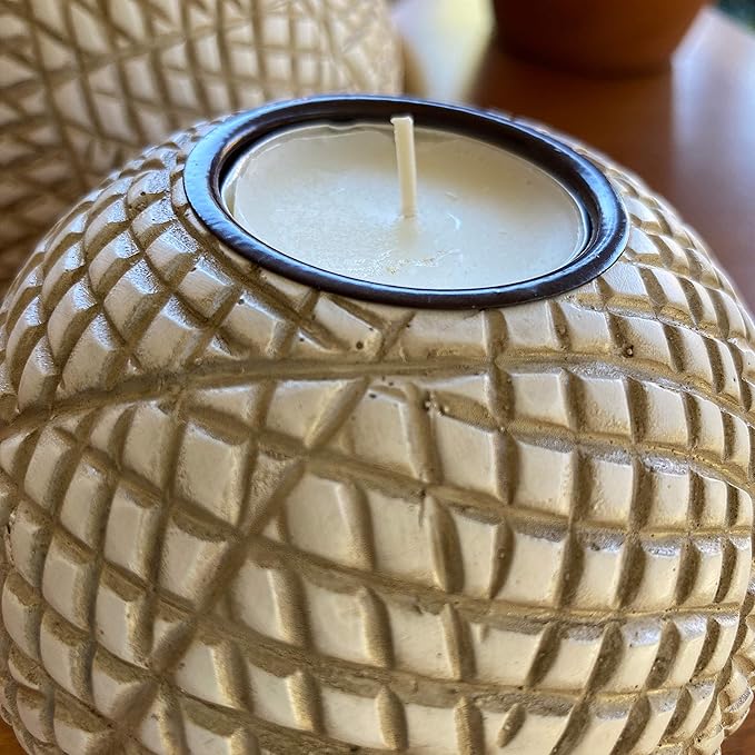 Luca Orb Tea Light Candle Holders (Gift Boxed Set of 2) Grid Pattern, Beige and White