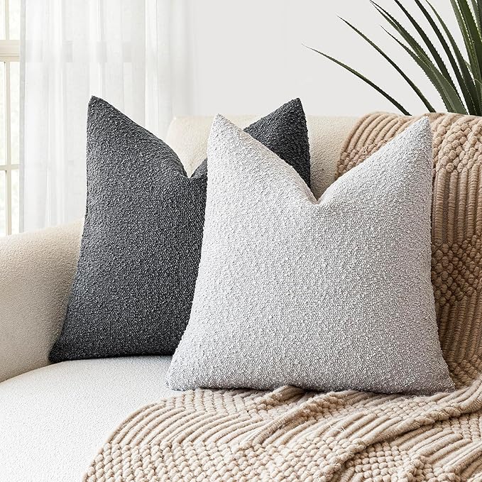 Foindtower Decorative Textured Boucle Throw Pillow Covers Accent Solid Pillow Cases Neutral Soft Cozy Couch Cushion Case for Chair Sofa Bedroom Living Room Home Decor 24 x 24 Inch,Light Grey