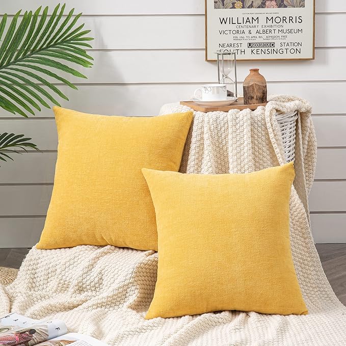 Decorative Square Throw Pillow Covers 20x20 Inch set of 2, Super Soft Chenille Farmhouse Pillowcase for Living Room Bedroom Sofa Couch Cushion Cover Gold Yellow 50x50cm/20x20 Inch