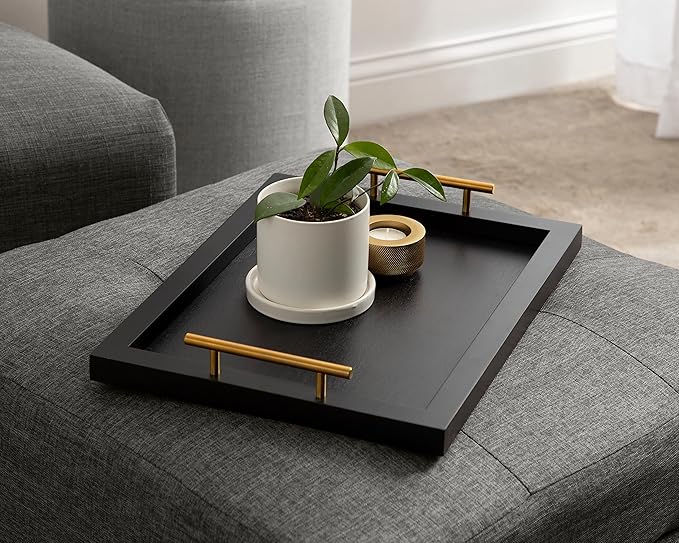 Kate and Laurel Halsey Rectangle Decorative Wooden Tray with Polished Metal Handles, 17 x 13, Black and Gold, Modern Glam Wood Rectangular Serving Tray for Display or Decoration