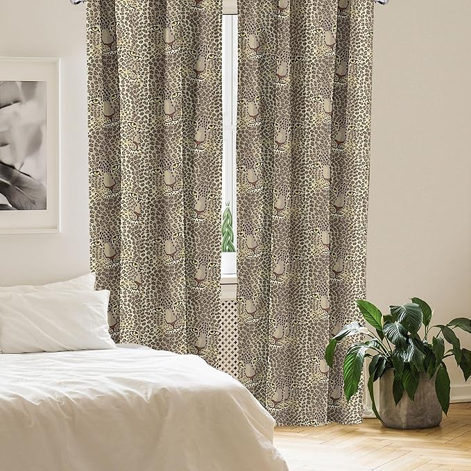 Ambesonne Leopard Print Curtains, Repetitive Cartoon Leo Wild Big Cat Faces in Natural Earthy Tones, Window Treatments 2 Panel Set for Living Room Bedroom, Pair of - 28" x 95", Tan