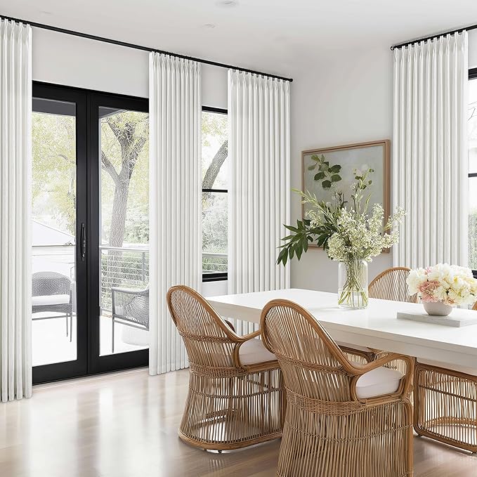 70x96 Pinch Pleated Extra Wide Curtain Panels 96 Inches Long 70 Wide Linen Curtain for Patio Sliding Glass Door Semi Sheer Beige White Hooks Rings Privacy 96 Inch Length for Living Room 1 Panel