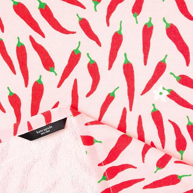 Kate Spade New York Hot Peppers & Spring Times Dot Kitchen Towels 4-Pack Set, Absorbent 100% Cotton, Red/Pink, 17"x28