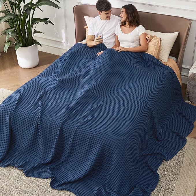 Bedsure Cooling Cotton Waffle Oversized King Blanket - Lightweight Breathable Rayon Derived from Bamboo for Hot Sleepers, Luxury Throws for Bed and Sofa, Navy, 120x96 Inches
