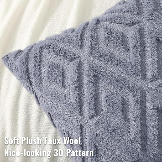 decorUhome Couch Throw Pillow Covers 24x24 Set of 2, Decorative Soft Plush Faux Wool Neutral Accent Pillow Covers for Bed Sofa Living Room, Blue Grey
