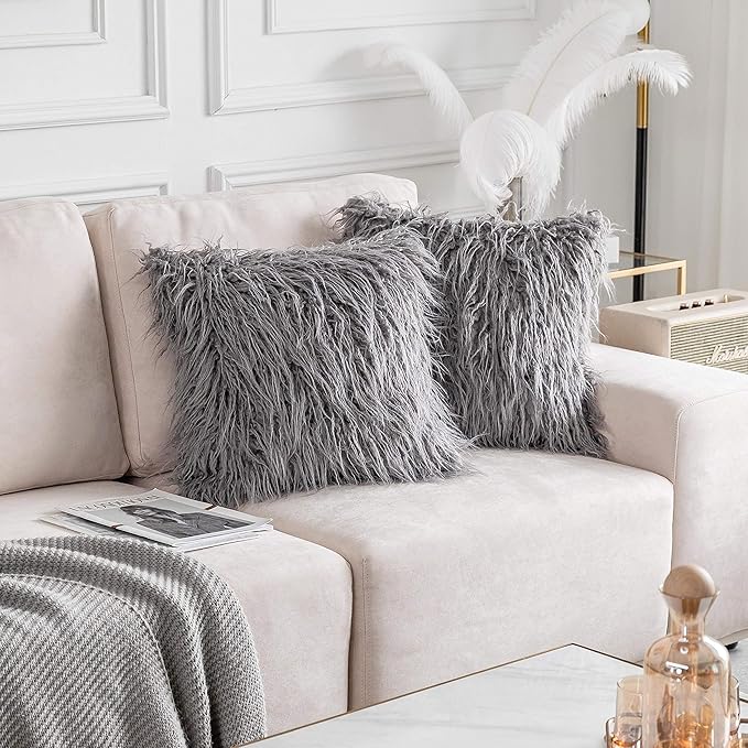 Home Brilliant Faux Fur Euro Sham Pillow Covers Large Throw Pillow Covers for Couch Living Room, 24 x 24 inch, 60 x 60cm, Set of 2, Dark Grey