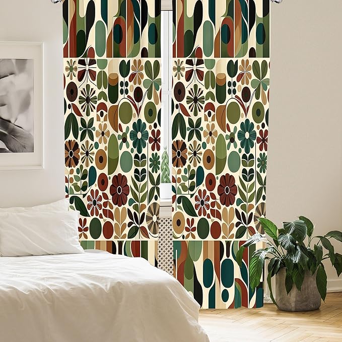Ambesonne Scandinavian Window Curtains, Abstract Geometric Art of Leaves and Flowers with Bohemian Feel, Lightweight Decor 2-Panel Set with Rod Pocket, Pair of - 28" x 63", Olive Green Redwood Beige