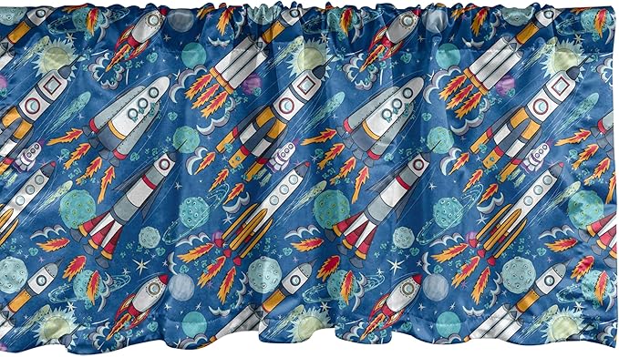 Ambesonne Spaceship Window Valance Pack of 2, Hand-Drawn Cartoon Spaceships Planets and Stars Outer Space Exploration Theme, Rod Pocket Curtain Valances for Kitchen Bedroom, 42" X 12", Violet Blue