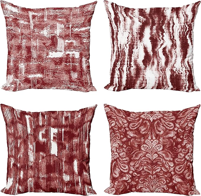 Ambesonne Vintage Throw Pillow Cushion Case Pack of 4, Abstract Grunge Effect Brushstrokes and Waving Striping Stains Paisley Drops, Modern Accent Double-Sided Digital Printing, 16", Maroon Rust White