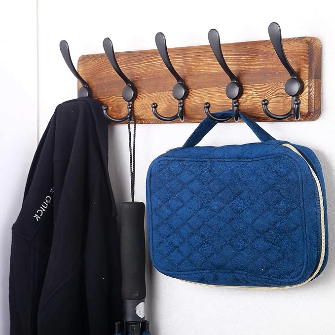 SKOLOO Rustic Wall Mounted Coat Rack: 16" Hole to Hole, Pine Real Wood Plank Wall Coat Rack with 5 Triple Hooks, Farmhouse Coat Hanger Wall Mount for Hanging Backpack Jacket Coat Hat