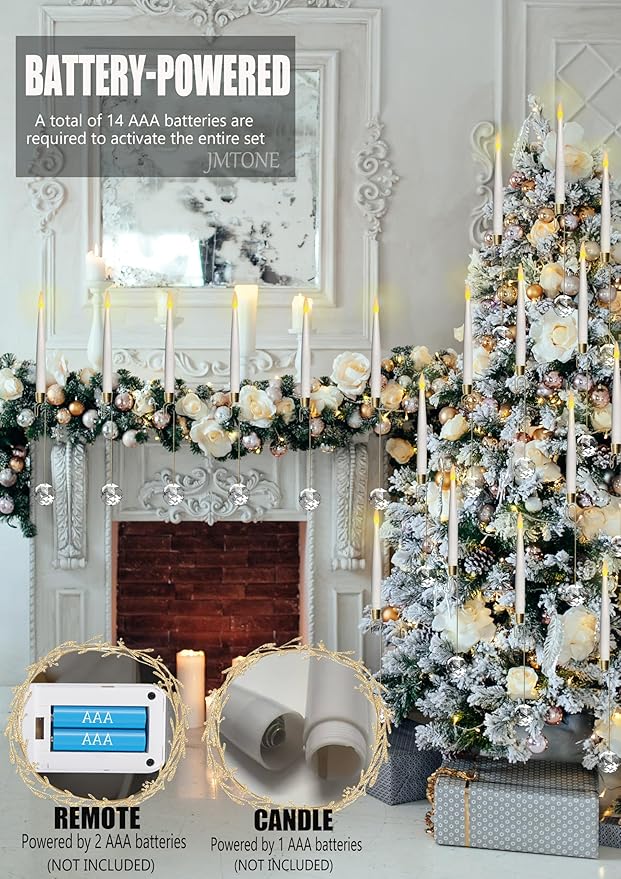 Christmas Tree Candles, 12 Pack Flameless Taper Candles for Christmas Tree Decor, Battery Operated with Remote Flickering LED Candles with Clear Crystal Ball Gold Hook for Xmas Wedding Home Gift