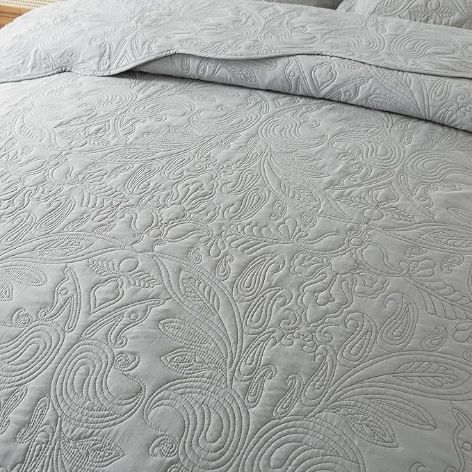 HoneiLife Quilt Set Queen Size - 3 Pieces Queen Quilt Bedding Set Microfiber Quilt Sets Lightweight Bedspreads Reversible Coverlets Retro Bed Cover Floral Bedding Set All Season Quilts-Light Grey