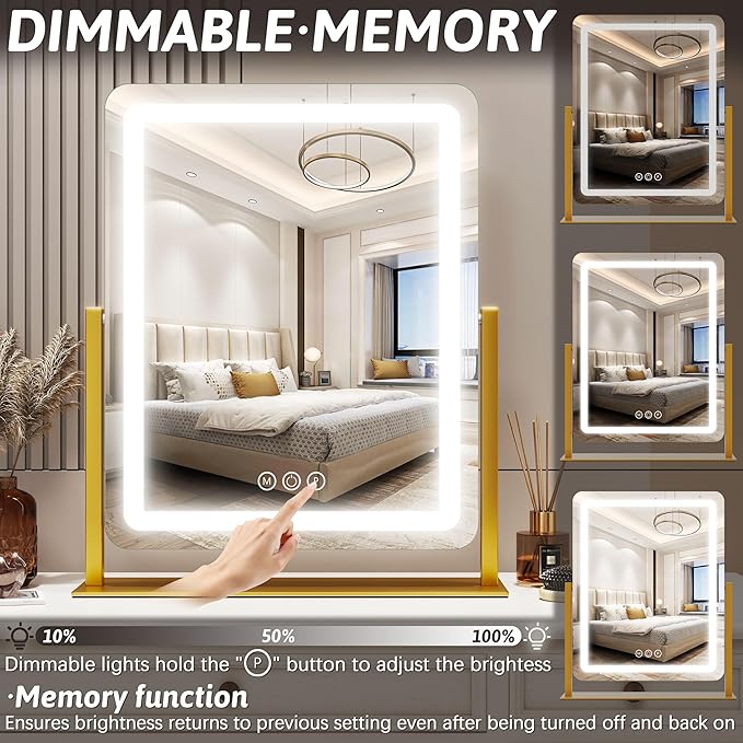 FENNIO Vanity Mirror with Lights 22 Inch- LED Lighted Makeup Mirror,Large Makeup Mirror with Lights,Touch Screen with 3-Color Lighting,Led Mirror Makeup,Dimmable(Gold)