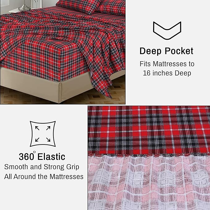 RUVANTI Flannel Sheets Queen Size - 100% Cotton Double Brushed Bed Sheets, Deep Pockets 16 Inches Queen Sheet Set, All Seasons Breathable & Extra Soft - Warm & Cozy, 4 Piece, Red Plaid