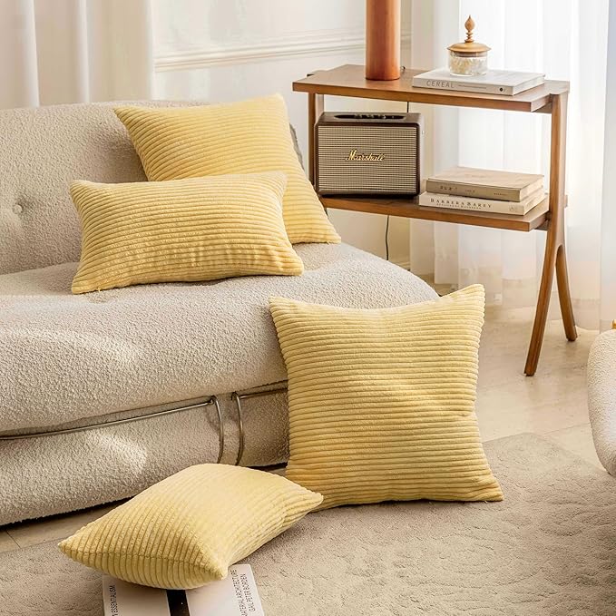 Home Brilliant Throw Pillow for Couch Yellow Square Decorative Euro Sham Modern Striped Corduroy Fall Pillow Cover 24x24 for Chair Sofa Bench Bedroom Winter Decor, 24 x 24 inch (60cm), Light Yellow