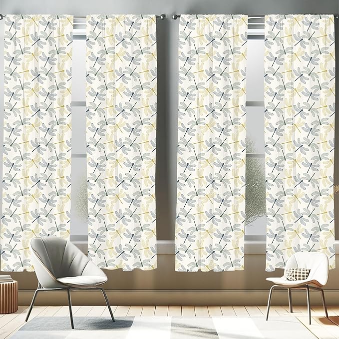 Ambesonne Dragonfly Window Curtains Pack of 2, Colorful Silhouettes of Exotic Insects Open Wings Beauty of Nature, Lightweight Set with Rod Pocket, 4 Panels of - 28" x 84", Green Mustard