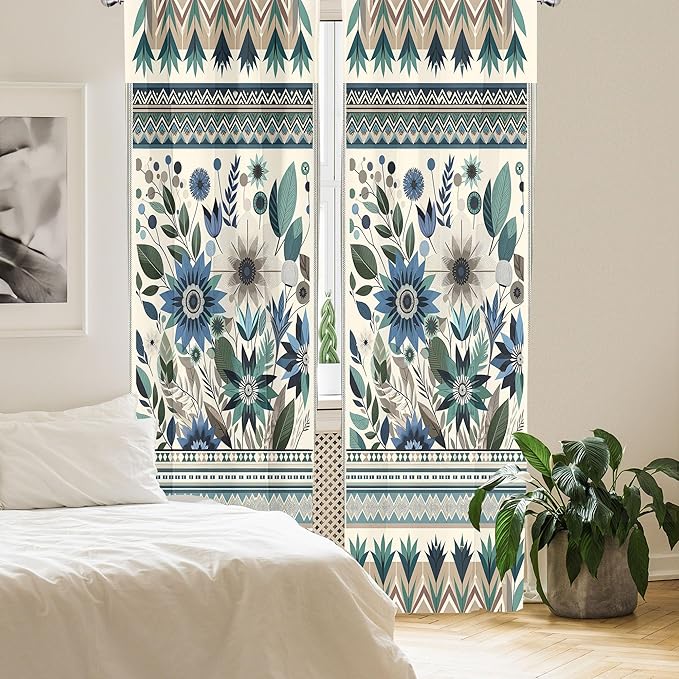 Ambesonne Art Floral Curtains, Gentle Flowers and Leaves of Spring Garden with Ethnic Boho Details, Window Treatments 2 Panel Set for Living Room Bedroom, Pair of - 28" x 84", Eggshell Laurel Green