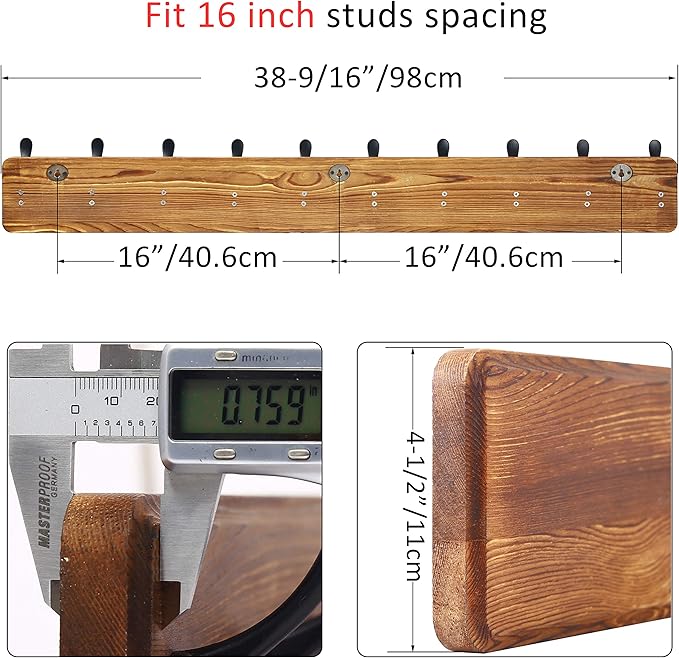 WEBI Coat Rack Wall Mount,38 9/16" Long,10 Hooks,Coat Hooks Wall Mounted,Coat Hanger Wall,Wood Hook Rack Rail,Triple Hooks for Hanging Coats,Clothes,Jacket,Brown