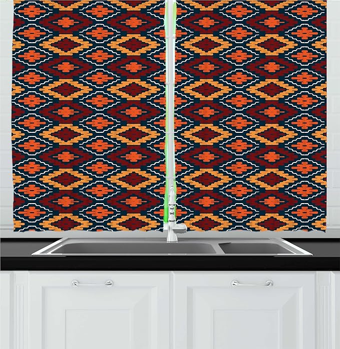Lunarable Ethnic Kitchen Curtains, Tribal Motif Effect Mexican Folkloric Colorful Geometric Shapes, Window Drapes 2 Panel Set for Kitchen Cafe Decor, 55" x 30", Dark Teal Marigold and Ruby