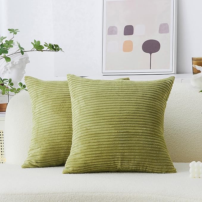 Home Brilliant Set of 2 Corduroy Spring Pillow Covers Sofa Pillows Decorative Striped Velvet Floor Pillows for Chair Couch Decor, 55cm, 22 x 22 Inch, Grass Green