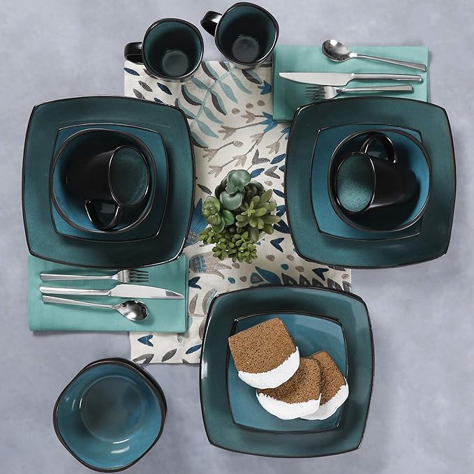 Gibson 99813.16R Elite Soho Lounge 16 Piece Reactive Glaze Dinnerware Set, Teal/Black Tutone