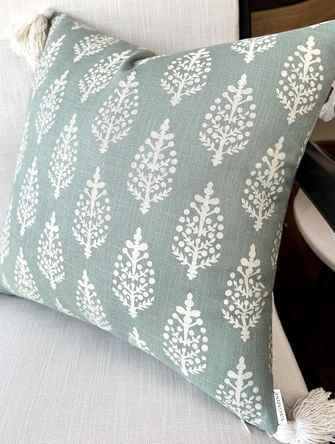 VAGMINE Block Printed Decorative Square Accent Throw Pillow Cover - Sofa, Chair, Couch, Living Room, Bedroom, Farmhouse Home Decor - Chandni Paiseley-Light Teal, 20x20 Inches