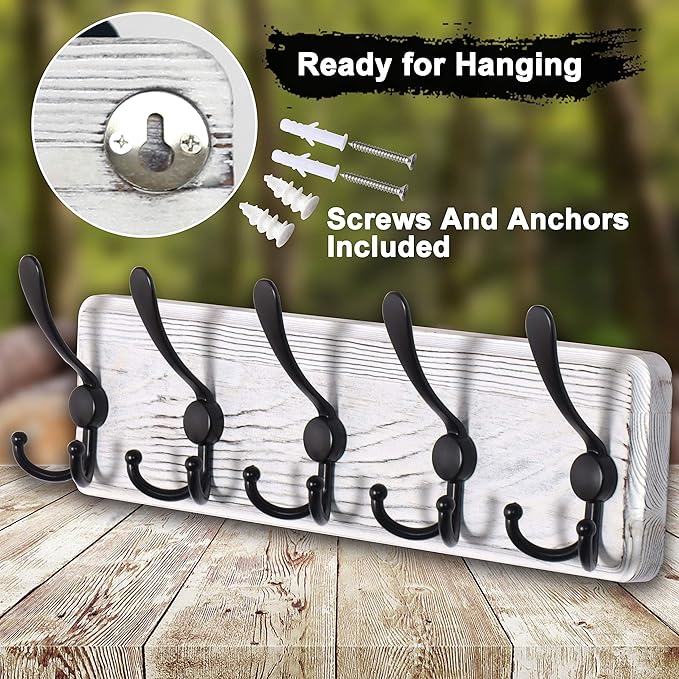Dseap Coat Rack Wall Mounted - 5 Tri Hooks, Heavy Duty, Wooden Wall Coat Hanger Coat Hook for Clothes Hat Jacket Clothing, White & Black, Pack of 2