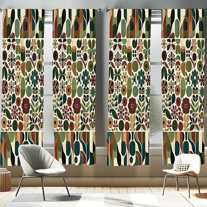 Ambesonne Scandinavian Window Curtains Pack of 2, Abstract Geometric Art of Leaves and Flowers with Bohemian Feel, Lightweight Set with Rod Pocket, 4 Panels of - 28" x 63", Olive Green Redwood Beige