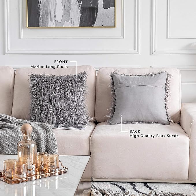 Home Brilliant Faux Fur Euro Sham Pillow Covers Large Throw Pillow Covers for Couch Living Room, 24 x 24 inch, 60 x 60cm, Set of 2, Dark Grey