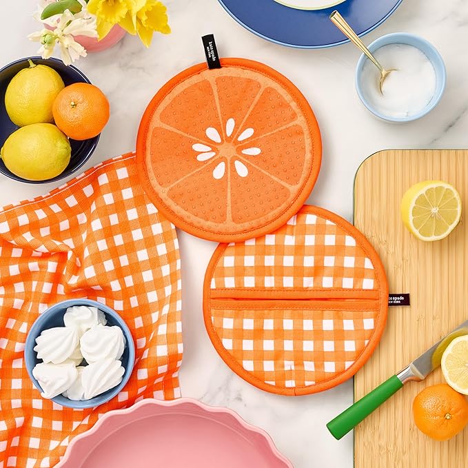 kate spade new york Squeeze The Day and Spring Gingham Pot Holder 2-Pack Set, Heat Resistant, 100% Cotton, Orange, 8"