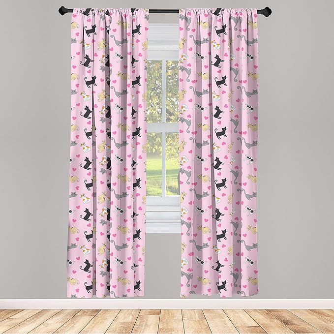 Ambesonne Kitty Curtains, Cats in Colorful Design and Patterns Among Pink Hearts Resting Happy Stretching, Window Treatments 2 Panel Set for Living Room Bedroom, Pair of - 28" x 84", Soft Pink
