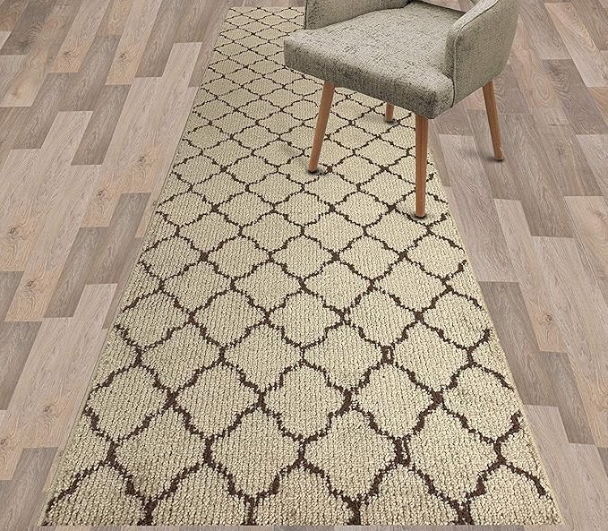 Custom Size Modern Runner Rug Carpet for Hallway Entryway Foyer Kitchen, Slip Resistant Latex Rubber Backed 31 inch Wide X Customized Length, Trellis Beige, 31 inch X 13 feet