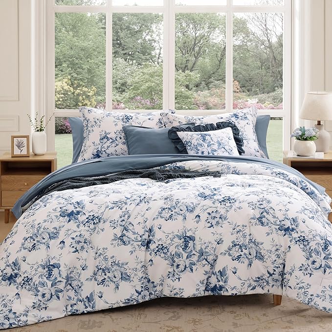Full Comforter Set -7 Pieces Floral Blue Comforter Set for All Seasons, Bed in a Bag Full with Botanical Flowers Comforter, Sheets, Pillowcases & Shams