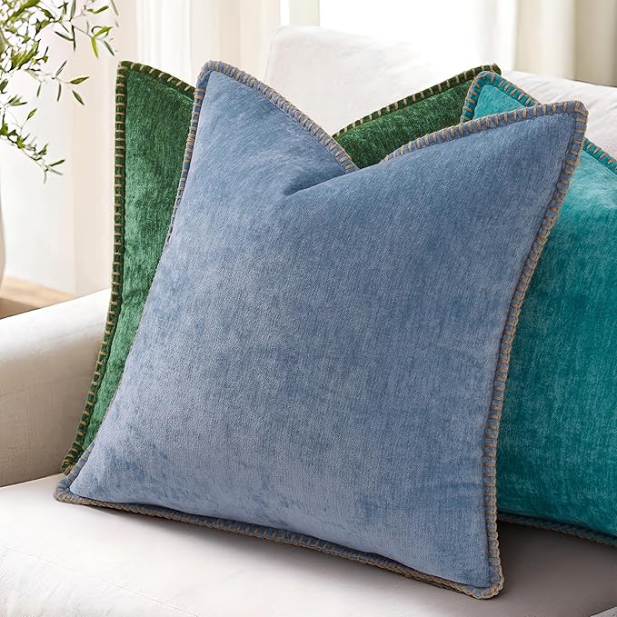 decorUhome Christmas Chenille Soft Throw Pillow Covers 26x26 Set of 2, Farmhouse Velvet Neutral Decorative Euro Pillow Covers with Stitched Edge for Couch Sofa Bed Home Decor, Green