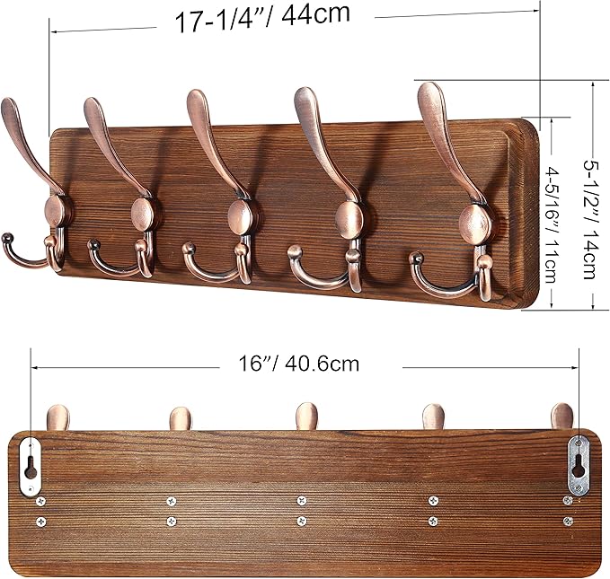 SKOLOO Rustic Pine Wood Wall Coat Rack with 5 Triple Hooks, 16" Hole to Hole, Farmhouse Wall Mounted Coat Rack for Hanging Backpack, Jacket, Hat