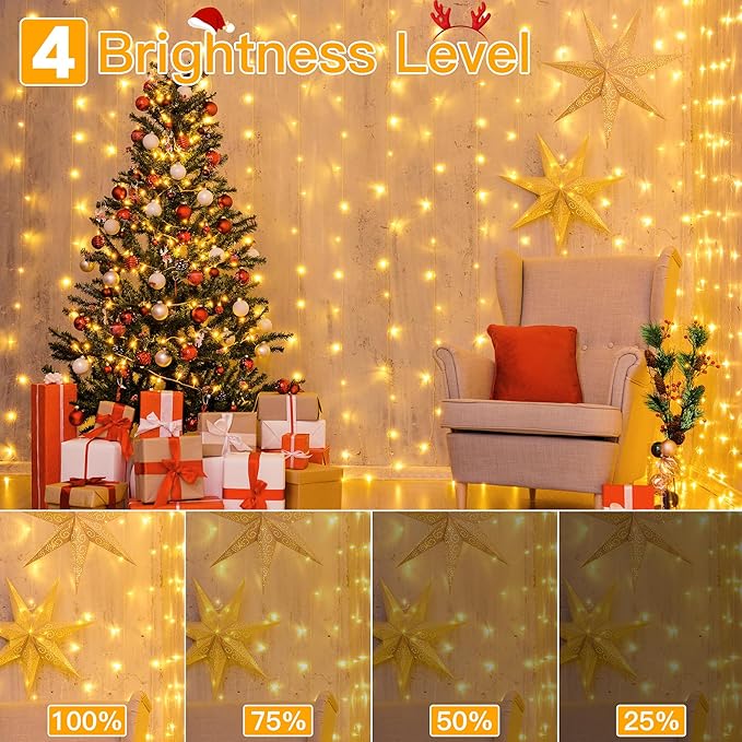 Ollny Curtain Lights 6.6x6.6ft, 200 LED String Lights with Remote 8 Modes Dimmable Timer, USB Power Fairy Light for Bedroom Backdrop Indoor Wall Window Christmas Decorations, Warm White