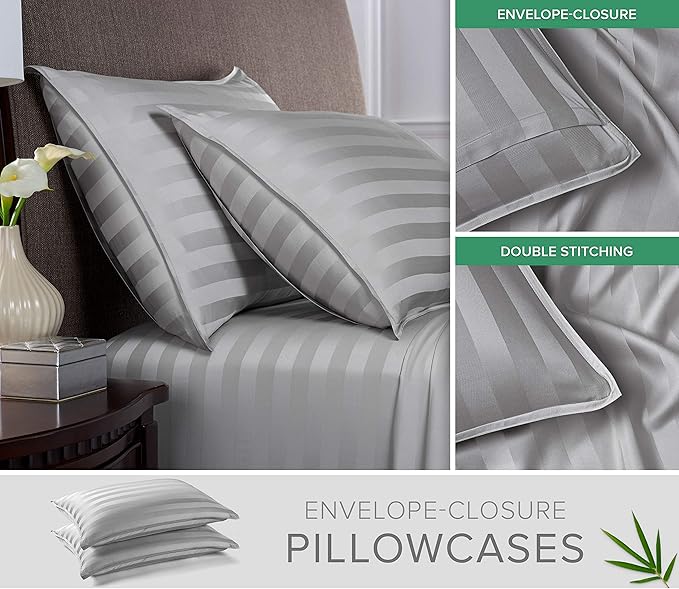 King Sheets by Pure Bamboo, Genuine 100% Organic Viscose Derived from Bamboo Bed Sheet Set, Luxuriously Soft & Cooling, Double Stitching, Lifetime Quality Promise (King, Jacquard Silver)