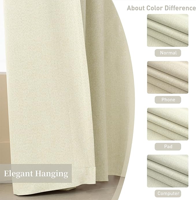 KangBang 90 Inch Long Linen Blackout Curtains, Back Tab Rod Pocket Linen Textured Curtains for Nursery Bedroom, Sun Blocking Back Tab French Countryside Curtains(Ivory Cream,52x90 Inch,2 Panels Set)