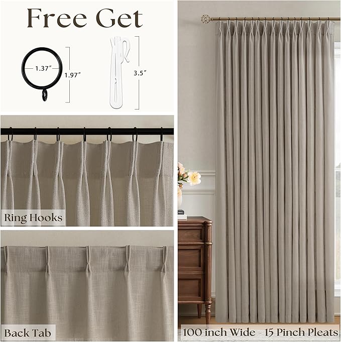 Taupe Patio Sliding Door Curtains 100 Width 102 Inches Long Pinch Pleated Curtain with Hooks Rings Light Filtering Semi Sheer Extra Wide 100x102 Drape Living Dining Room Burlywood Birch 1 Panel