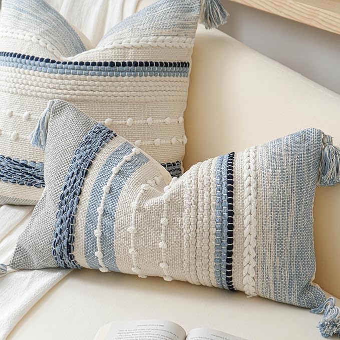 BlissBlush Decorative Lumbar Throw Pillow Cover 14x24 Boho Coastal Blue Accent Cushion for Couch Sofa Farmhouse Pillowcase for Bedroom Living Room Home Décor Cover ONLY