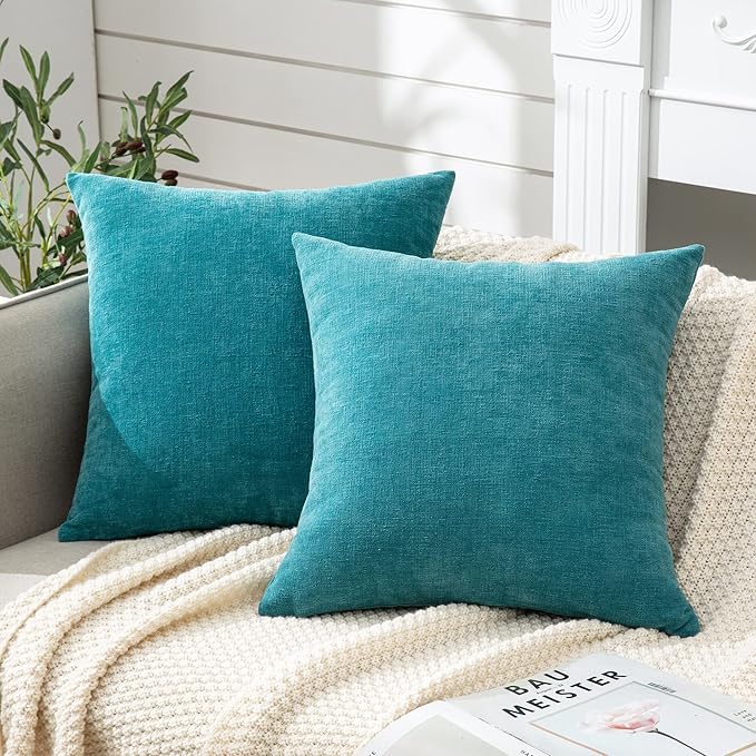 GAWAMAY Decorative Square 16x16 Inch Throw Pillow Covers Set of 2, Super Soft Chenille Pillows Farmhouse Fall Pillowcase for Living Room Bedroom Sofa Couch Cushion Cover Teal 40x40cm (No Insert)