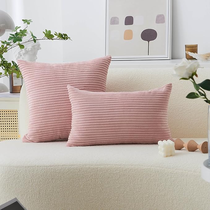 Home Brilliant Pink Throw Pillow for Bedroom Stripe Plush Velvet Corduroy Throw Euro Pillow Sham Decorative Pillow Cover for Sofa Wedding for Room, 26 x 26 inch (66cm), Baby Pink
