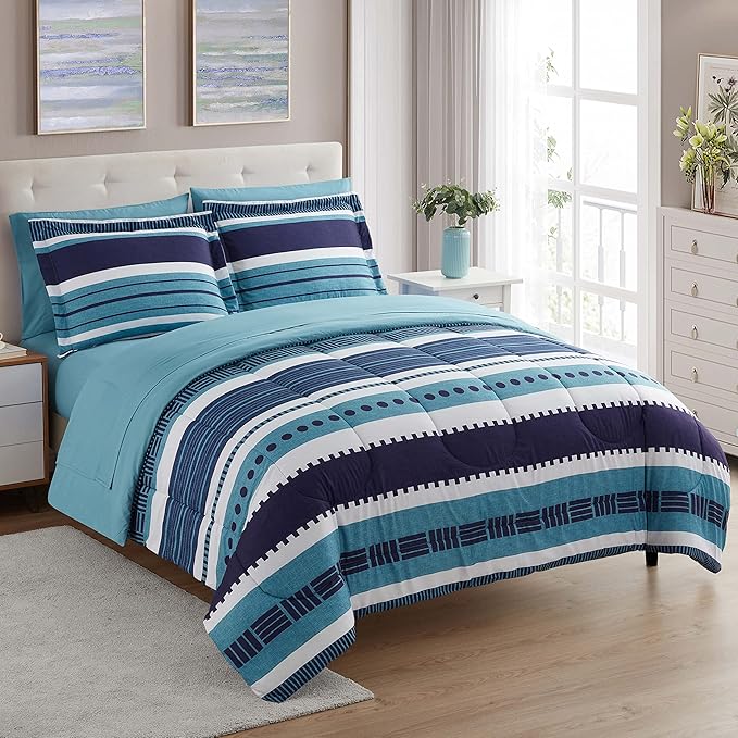 Sweet Home Collection 7 Piece Comforter Set Bag Solid Color All Season Soft Down Alternative Blanket & Luxurious Microfiber Bed Sheets, Marino, Full
