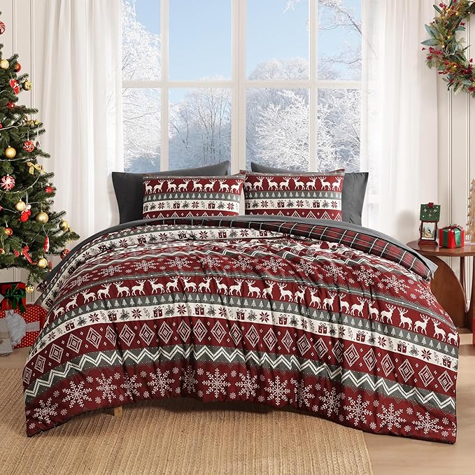 MaiRêve Christmas Full Comforter Sets, Red Reindeer Snowflake Bed Set for Holiday, Reversible Plaid Checkered Comforter Bed in a Bag, Soft Bedding Set 7 Pieces with Sheets, Pillowcases & Shams